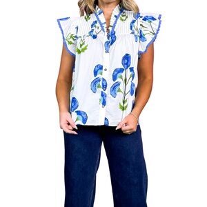 NWT Entro White Floral Button-Up Blouse with Blue & Green Print